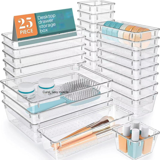25pcs Transparent Drawer Storage Boxes – Multi-Room Organizer Set